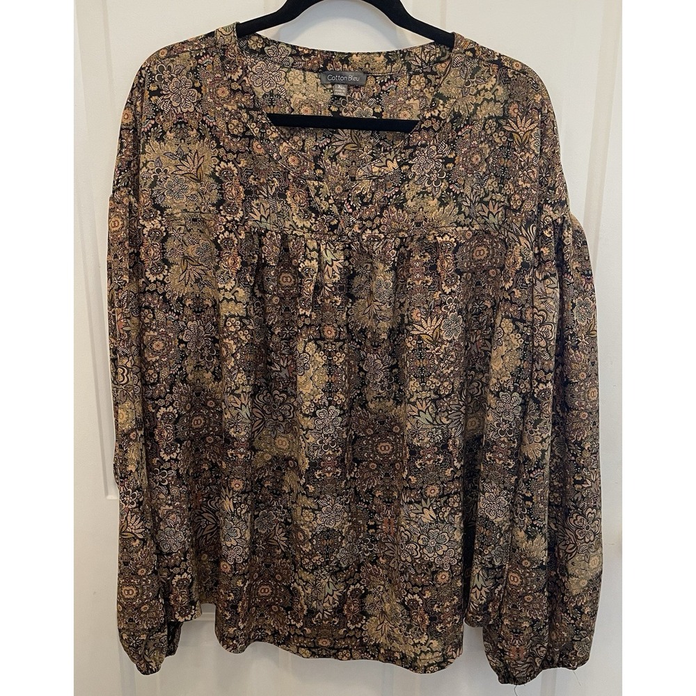 Cotton Bleu‎ Black Floral Long Sleeve Blouse Womens XL Dark Academia Career